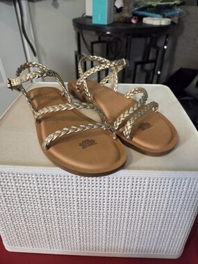 Toms Gold Braided Strappy Flat Sandals